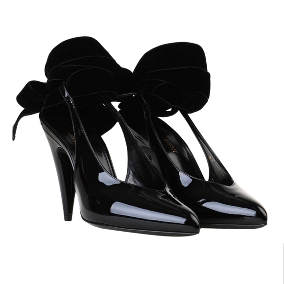 Saint Laurent Patent Leather Slingback Pointed Toe Lace Up Pumps Size 38.5 - Picture 1 of 12